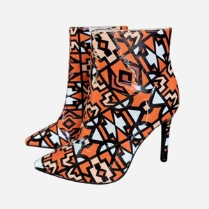 Orange Abstract Printed Stiletto Heel Ankle Bootie Jsun7 Boots 6.5 37 Funky Fun